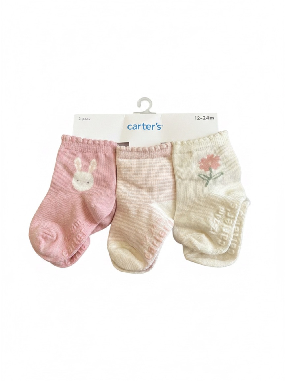 Carter's 3-Pack Baby Girl Pink, Cream & Light Pink Bunny Floral Socks
